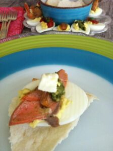 Deviled Eggs with Salmon, Roasted Garlic and Feta 