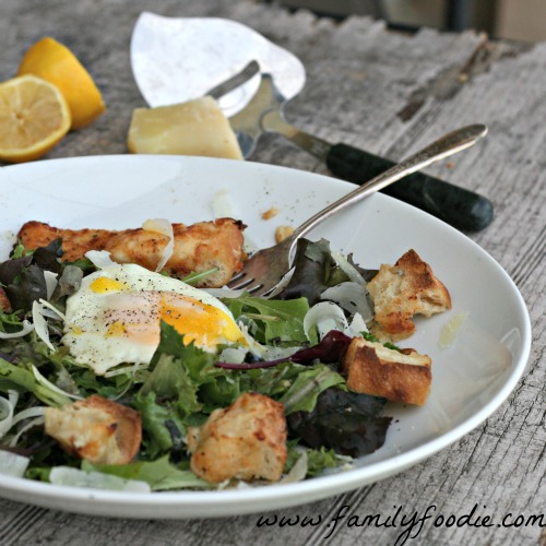 Fried Egg Salad with Onion and Cheddar Cheese Croutons