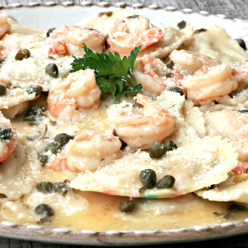 Lobster Ravioli with Shrimp Garlic Caper Sauce 