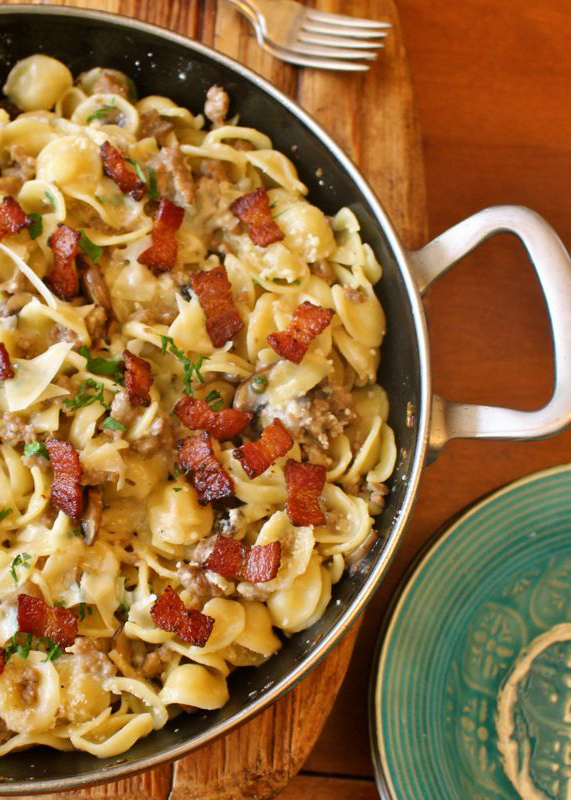 Sausage Mushroom and Bacon Pasta #SundaySupper 