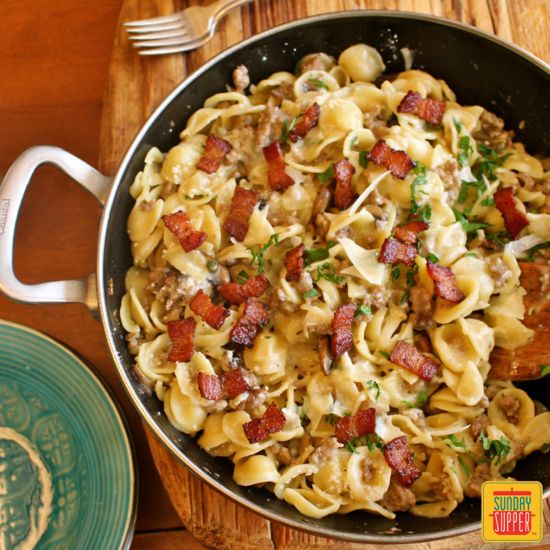 Sausage Mushroom and Bacon Pasta #SundaySupper