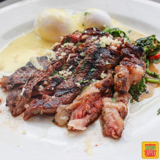 Grilled Sirloin Steak and Eggs with Broccoli Rabe #SundaySupper