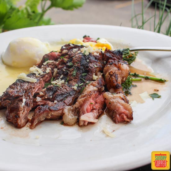 Grilled Sirloin Steak and Eggs with Broccoli Rabe #SundaySupper