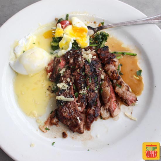 Grilled Sirloin Steak and Eggs with Broccoli Rabe #SundaySupper