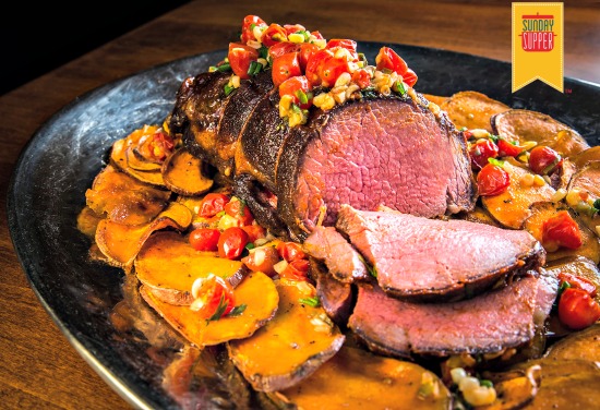 Holiday Beef Tenderloin with Sweet Potatoes, Tomatoes and Corn #SundaySupper