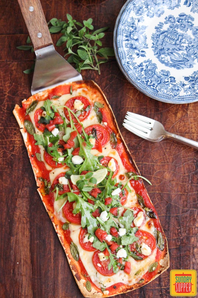 Tomato Goat Cheese and Arugula Faltbread #SundaySupper